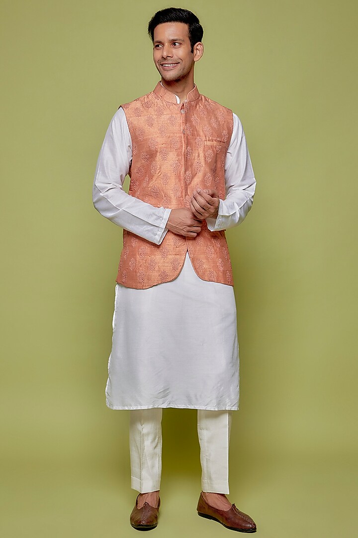 Peach Raw Silk Embroidered Bundi Jacket by Aqube by Amber Men