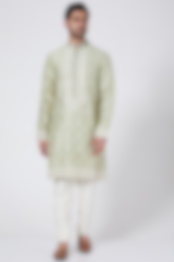 Pistachio Green Kurta Set With Buttis Work by Aqube by Amber Men