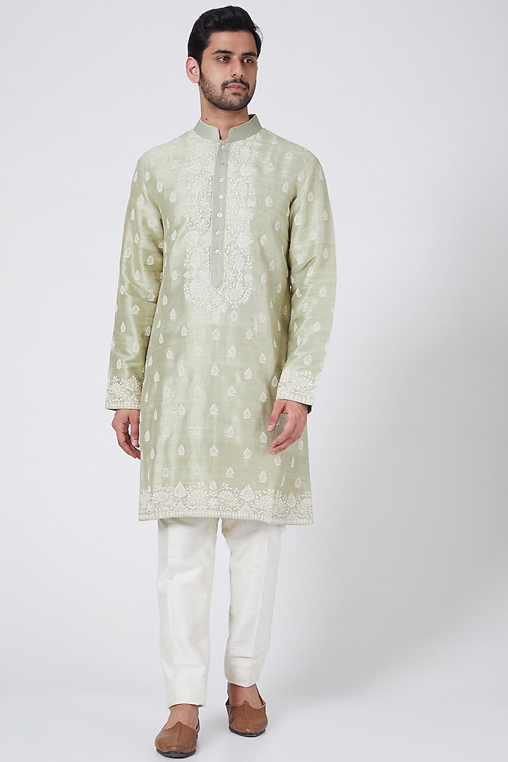 Pistachio Green Kurta Set With Buttis Work by Aqube by Amber Men