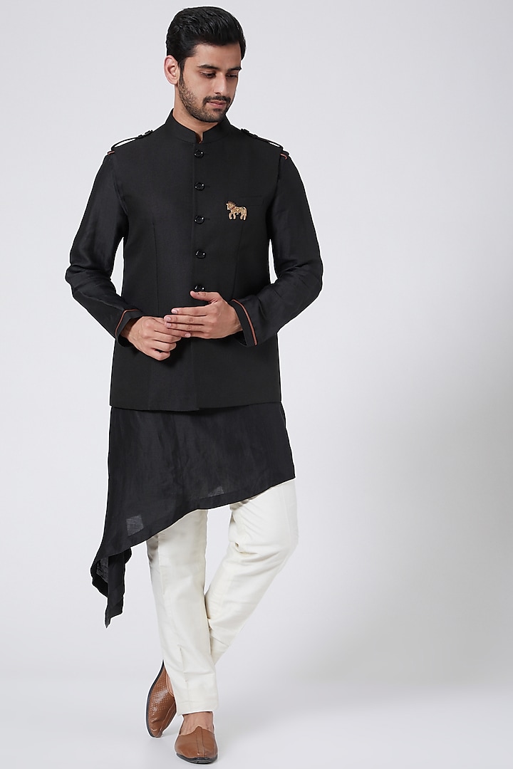 Black Motifs Textured Bundi Jacket by Aqube by Amber Men