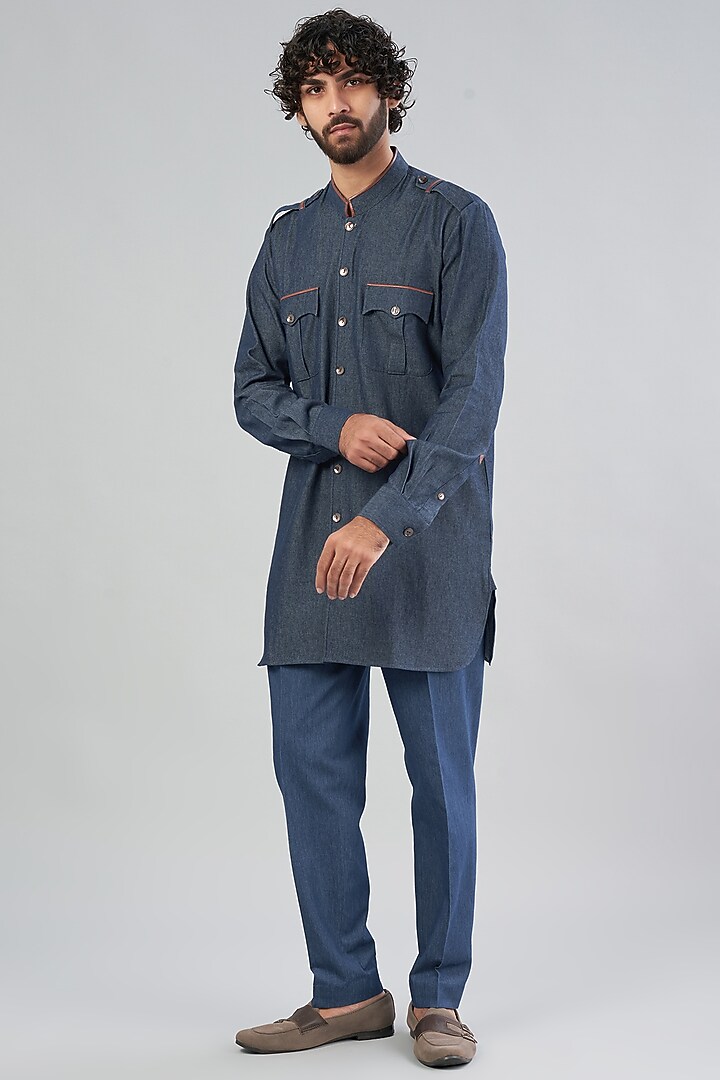 Blue Denim Shirt Kurta by Aqube by Amber Men at Pernia's Pop Up Shop