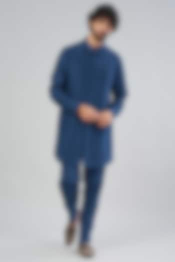 Teal Blue Dupion Silk Shirt Kurta by Aqube by Amber Men