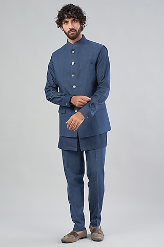 Blue Denim Bundi Jacket by Aqube by Amber Men