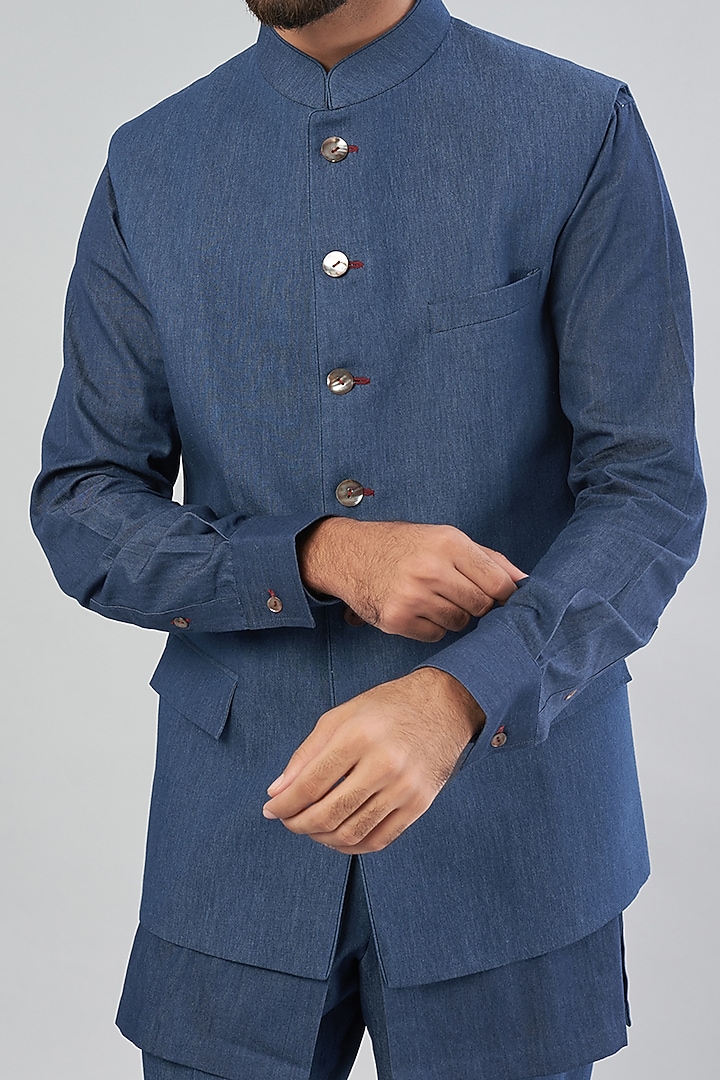 Blue Denim Bundi Jacket by Aqube by Amber Men at Pernia's Pop Up Shop