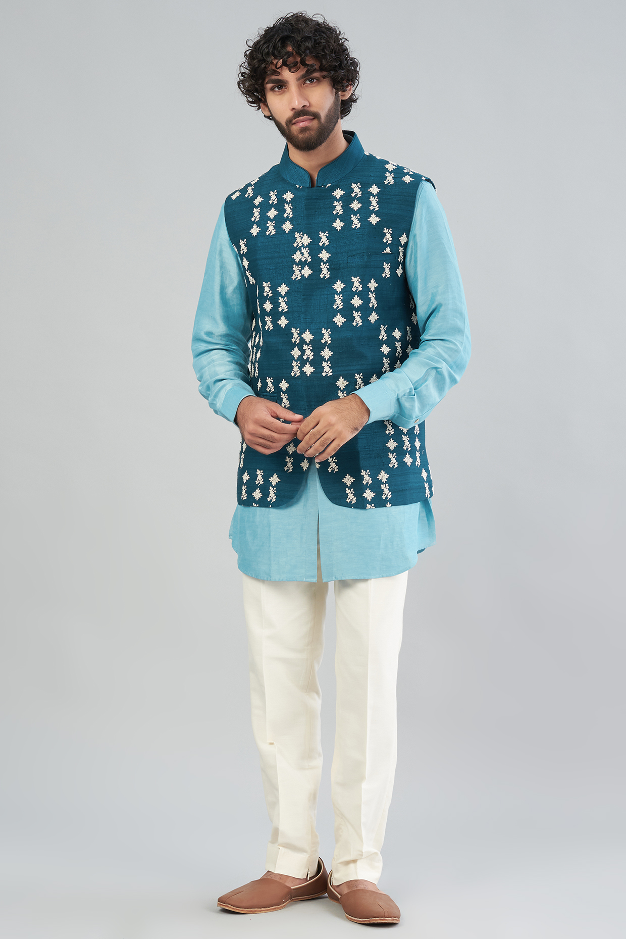 Teal Blue Raw Silk Bundi Jacket by Aqube by Amber Men