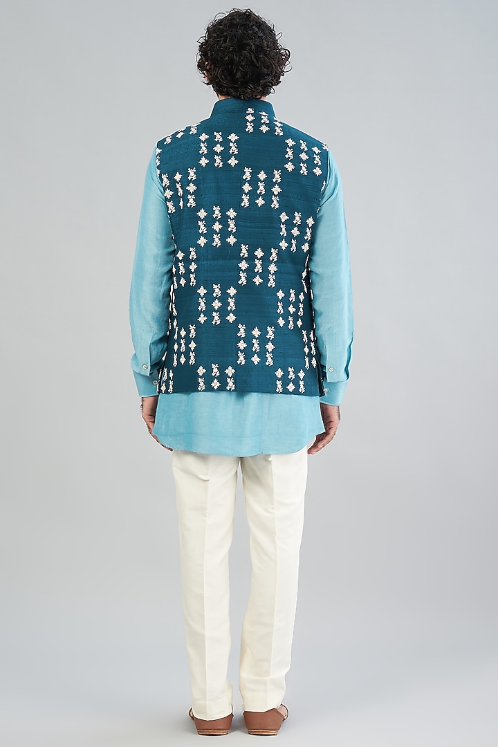 Teal Blue Raw Silk Bundi Jacket by Aqube by Amber Men at Pernia's Pop Up Shop