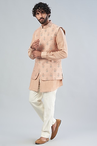 Blush Raw Silk Bundi Jacket by Aqube by Amber Men