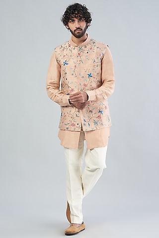 Porcelain Pink Raw Silk Bundi Jacket by Aqube by Amber Men