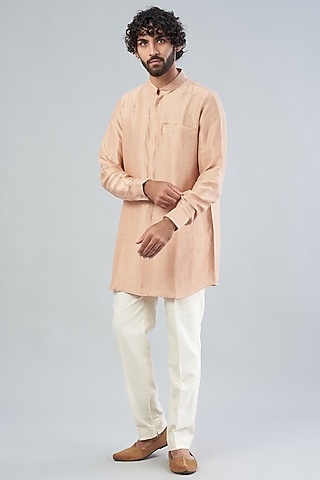 Porcelain Pink Satin Linen Kurta Set by Aqube by Amber Men