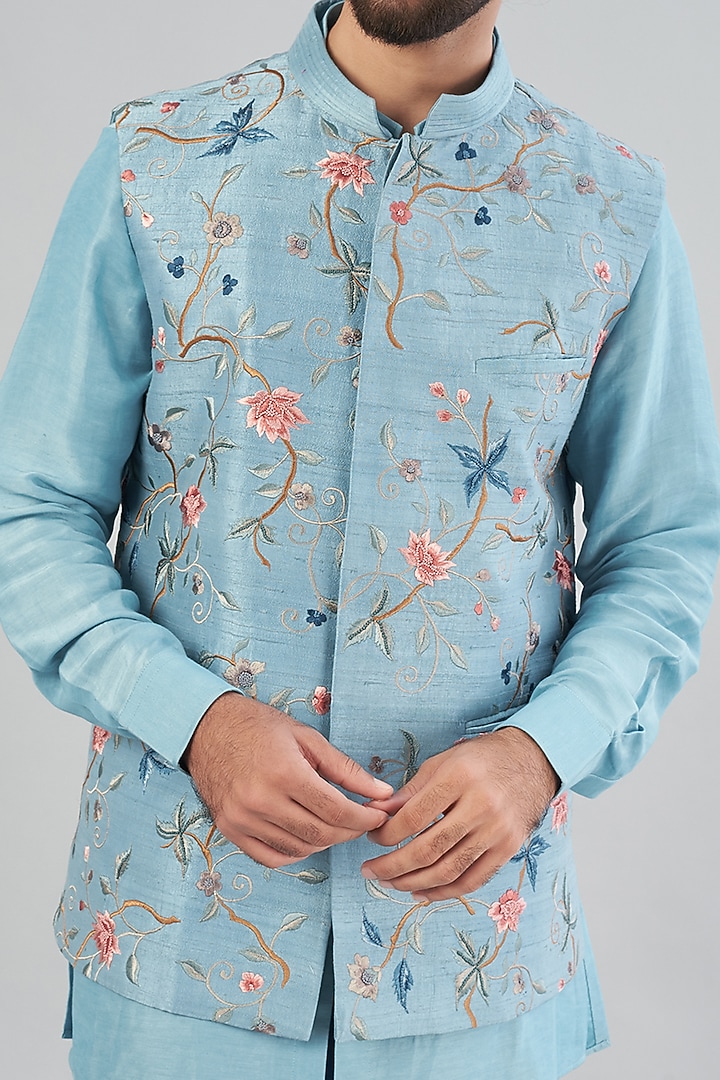 Teapot Blue Raw Silk Bundi Jacket by Aqube by Amber Men at Pernia's Pop Up Shop