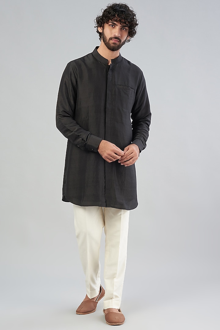 Black Dupion Silk Kurta Set by Aqube by Amber Men at Pernia's Pop Up Shop