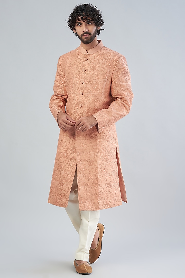 Peach Embroidered Sherwani Set by Aqube by Amber Men