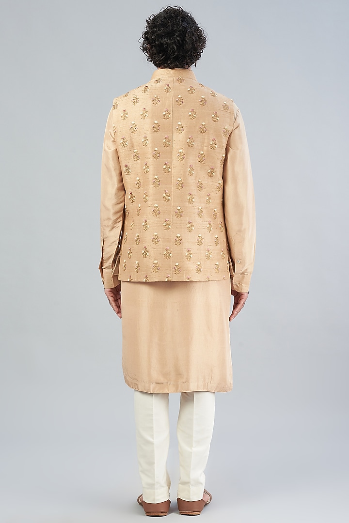 Beige Raw Silk Bundi Jacket by Aqube by Amber Men at Pernia's Pop Up Shop