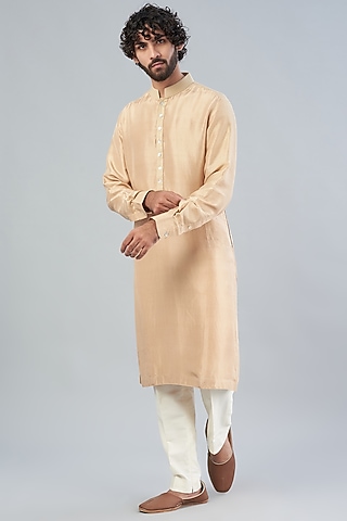 Beige Dupion Silk Kurta Set by Aqube by Amber Men