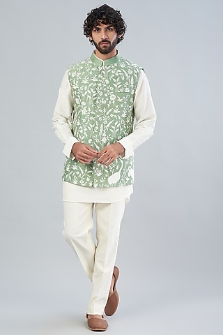 Mint Green Raw Silk Bundi Jacket by Aqube by Amber Men