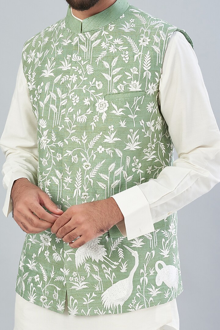 Mint Green Raw Silk Bundi Jacket by Aqube by Amber Men at Pernia's Pop Up Shop