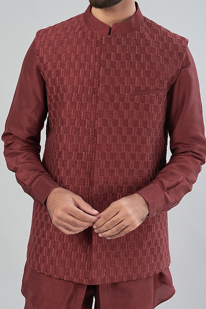 Maroon Raw Silk Bundi Jacket by Aqube by Amber Men at Pernia's Pop Up Shop