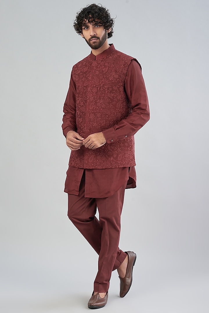 Maroon Raw Silk Bundi Jacket by Aqube by Amber Men