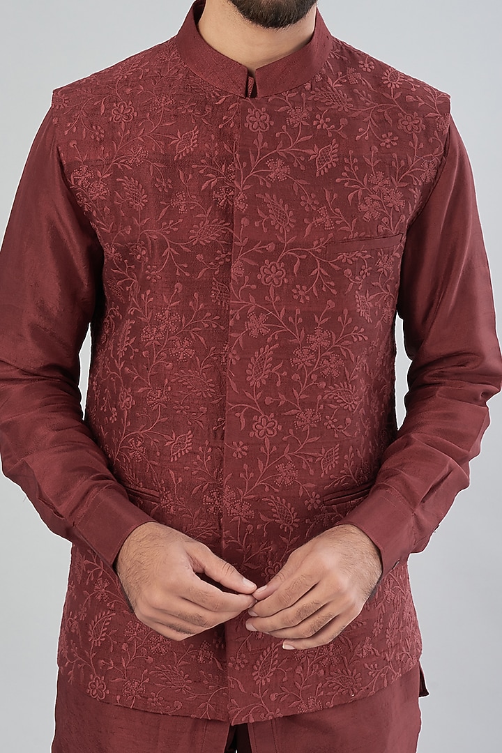 Maroon Raw Silk Bundi Jacket by Aqube by Amber Men at Pernia's Pop Up Shop
