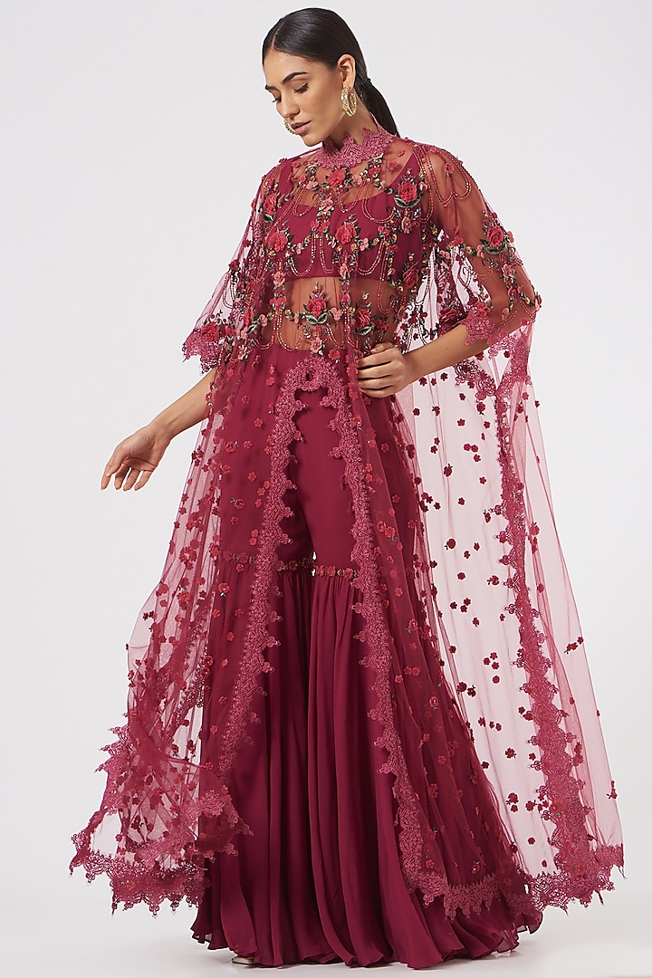 Cranberry Embroidered Sharara Set by Abhishek Vermaa at Pernia's Pop Up Shop