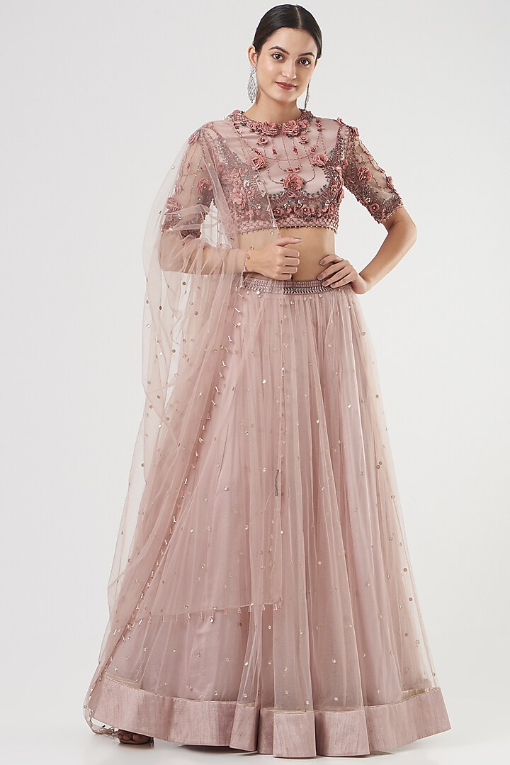 Dusky Pink Georgette Satin Wedding Lehenga Set by Abhishek Vermaa at Pernia's Pop Up Shop