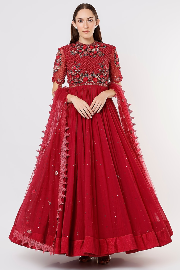 Cranberry Red Anarkali Set by Abhishek Vermaa at Pernia's Pop Up Shop