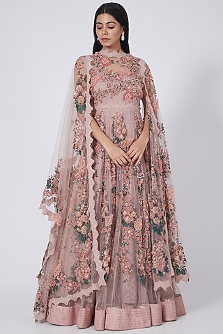 Dusky Pink 3D Hand Embroidered Anarkali Set by Abhishek Vermaa
