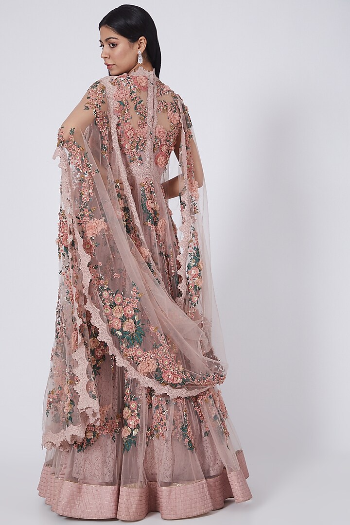 Dusky Pink 3D Hand Embroidered Bridal Anarkali Set by Abhishek Vermaa at Pernia's Pop Up Shop