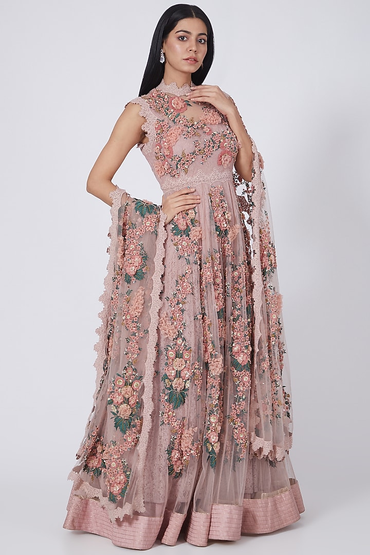 Dusky Pink 3D Hand Embroidered Bridal Anarkali Set by Abhishek Vermaa at Pernia's Pop Up Shop