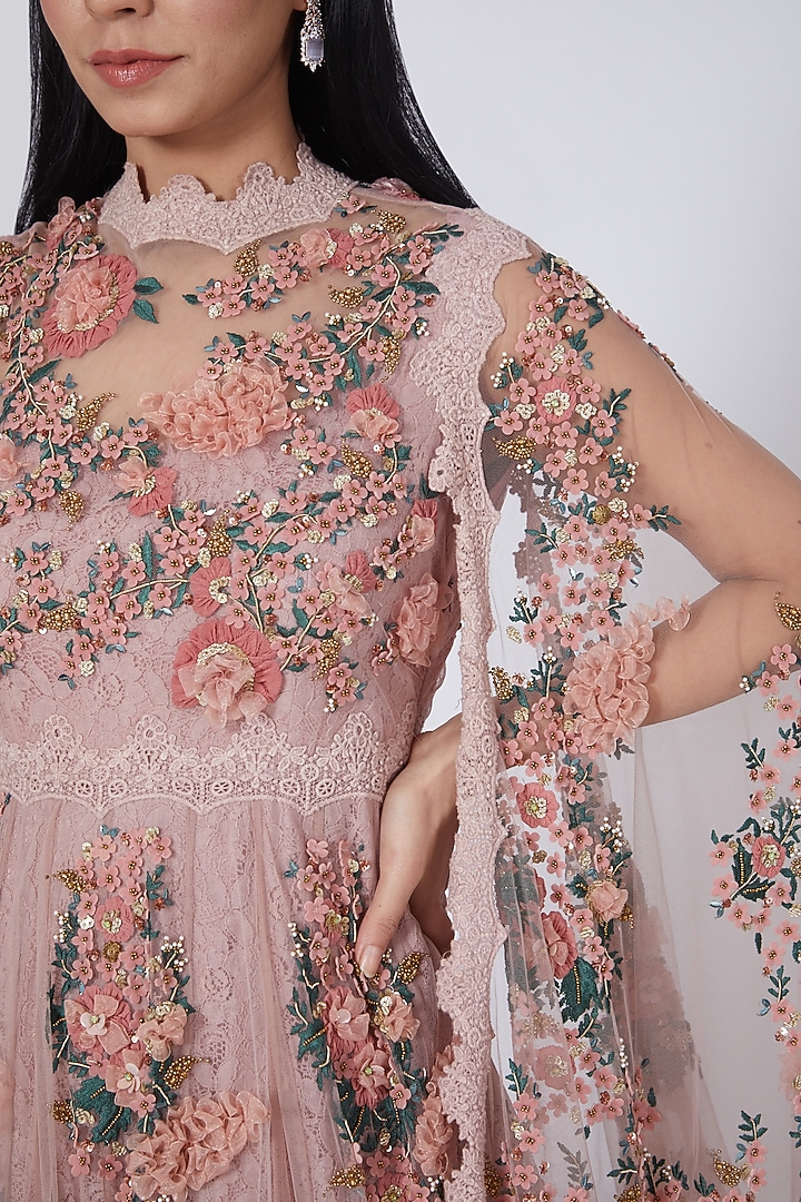 Dusky Pink 3D Hand Embroidered Bridal Anarkali Set by Abhishek Vermaa at Pernia's Pop Up Shop