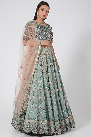 Mint Blue Embroidered Lehenga Set by Abhishek Vermaa