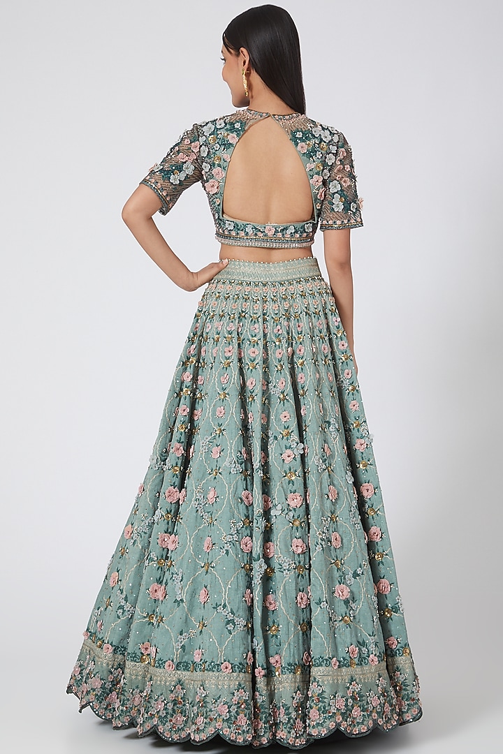 Mint Blue Embroidered Bridal Lehenga Set by Abhishek Vermaa at Pernia's Pop Up Shop