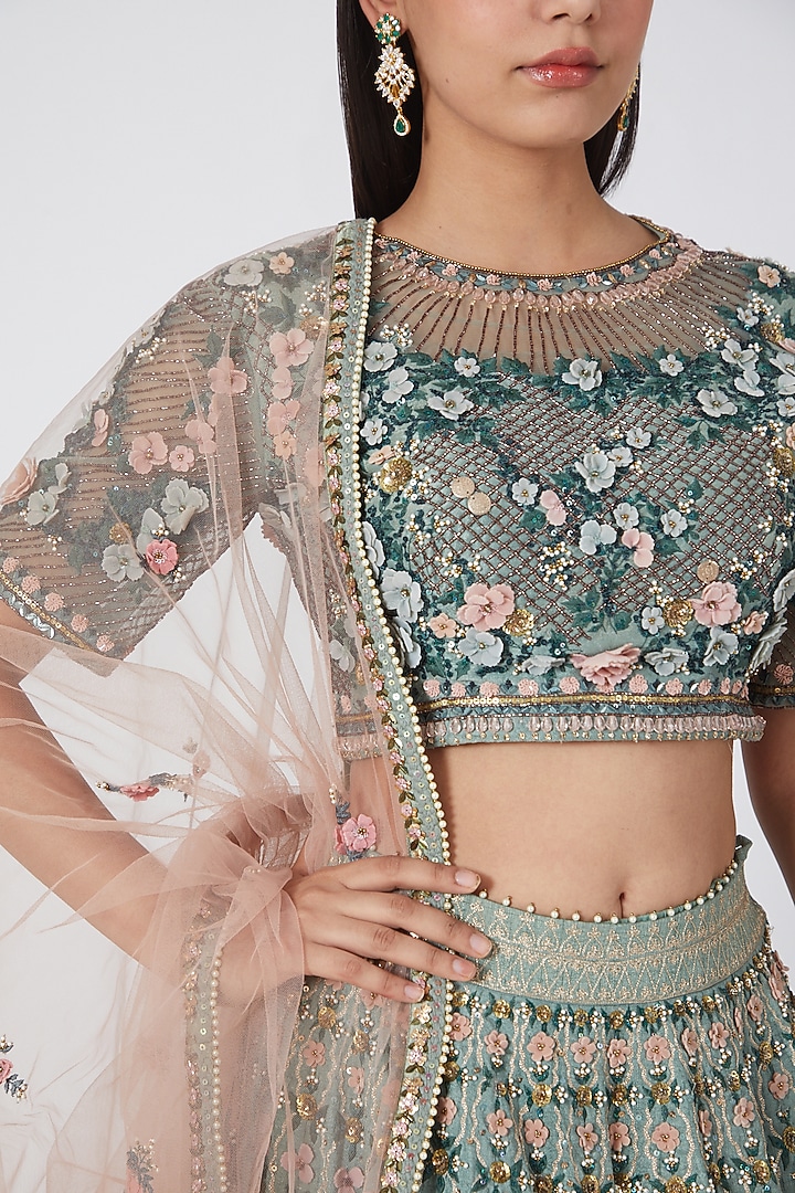 Mint Blue Embroidered Bridal Lehenga Set by Abhishek Vermaa at Pernia's Pop Up Shop