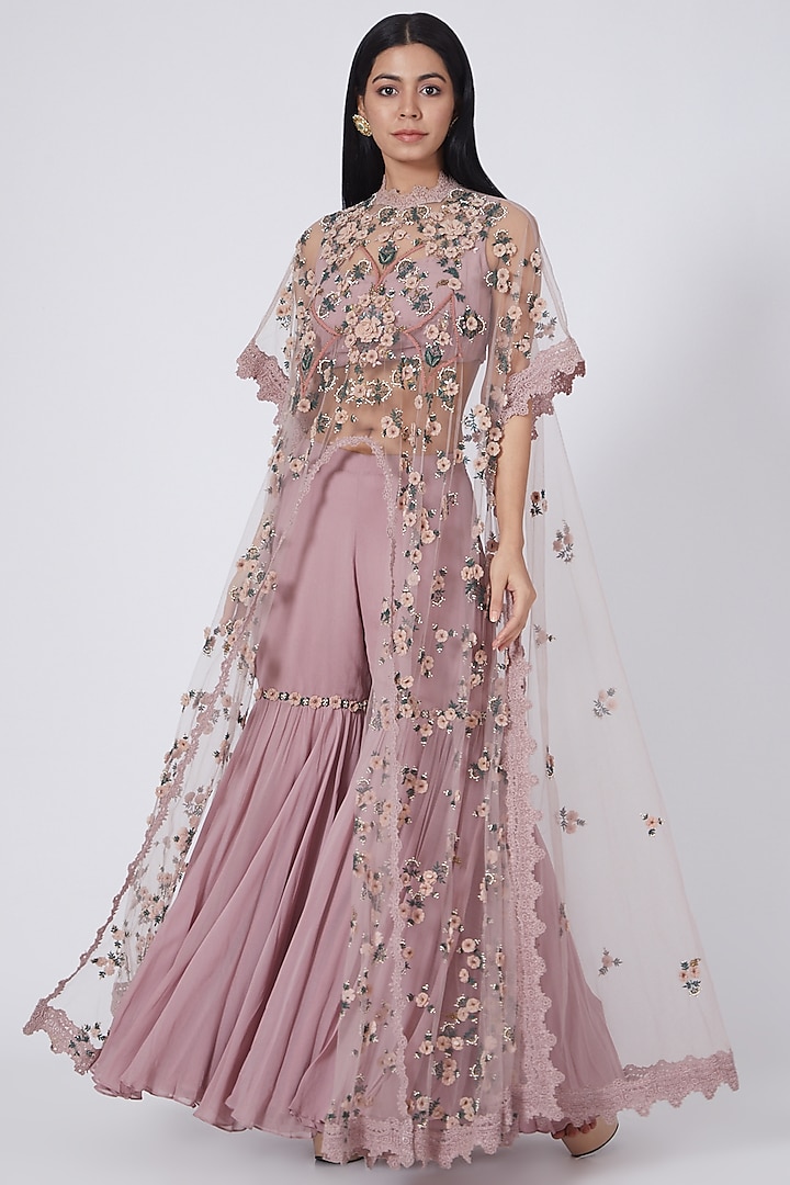 Dusky Pink Floral Hand Embroidered Cape Set by Abhishek Vermaa