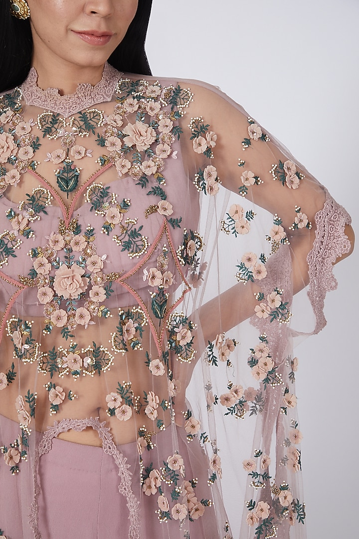 Dusky Pink Floral Hand Embroidered Cape Set by Abhishek Vermaa at Pernia's Pop Up Shop