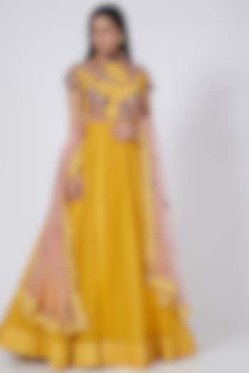 Sunflower Yellow Embroidered Wedding Anarkali Set by Abhishek Vermaa at Pernia's Pop Up Shop
