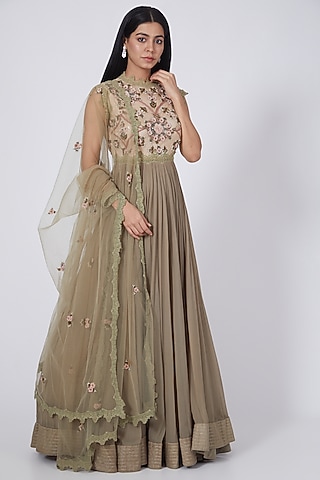 Olive Green 3D Floral Hand Embroidered Anarkali Set by Abhishek Vermaa