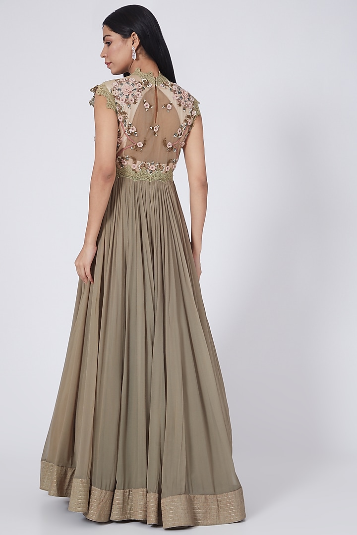 Olive Green 3D Floral Hand Embroidered Wedding Anarkali Set by Abhishek Vermaa at Pernia's Pop Up Shop