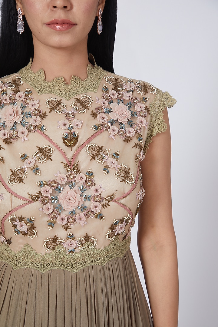 Olive Green 3D Floral Hand Embroidered Wedding Anarkali Set by Abhishek Vermaa at Pernia's Pop Up Shop