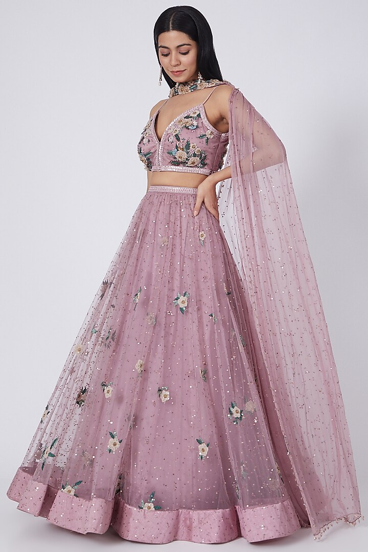 Mauve 3D Embroidered Lehenga Set by Abhishek Vermaa