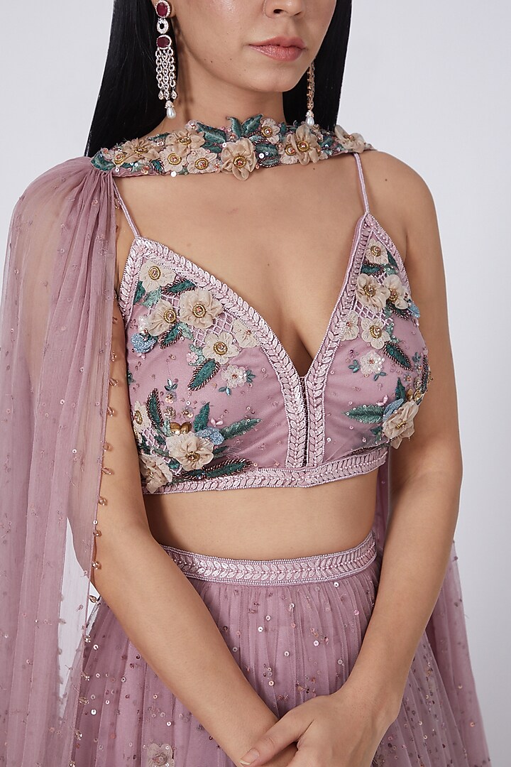 Mauve 3D Embroidered Wedding Lehenga Set by Abhishek Vermaa at Pernia's Pop Up Shop