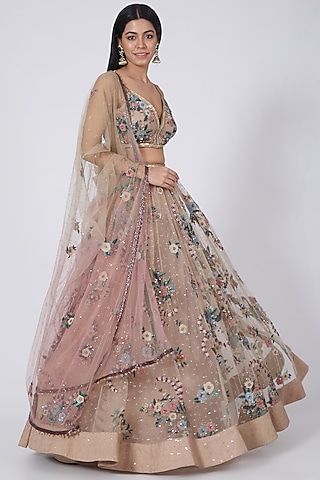Nude Applique Embroidered Lehenga Set by Abhishek Vermaa