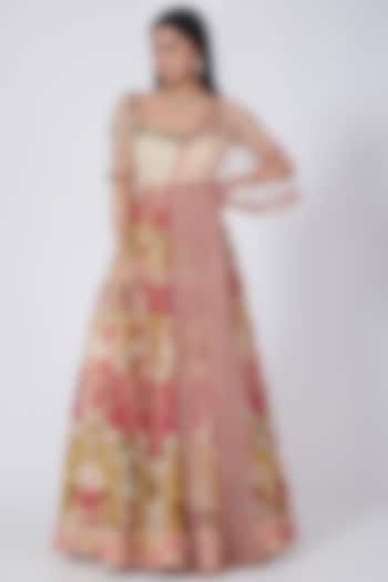 Beige Floral Printed Wedding Anarkali With Attached Dupatta by Abhishek Vermaa at Pernia's Pop Up Shop