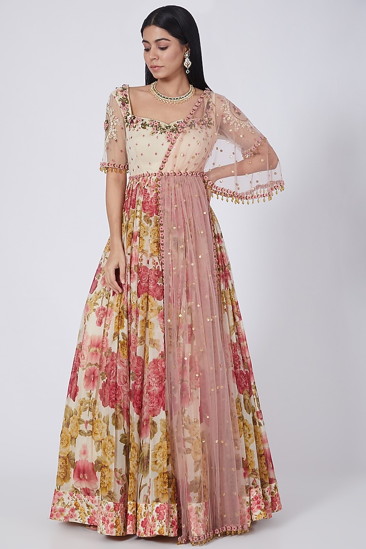 Beige Floral Printed Wedding Anarkali With Attached Dupatta by Abhishek Vermaa at Pernia's Pop Up Shop