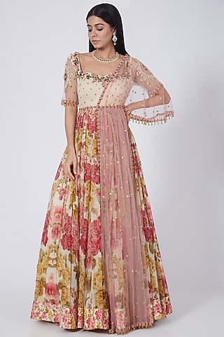 Beige Floral Printed Anarkali With Attached Dupatta by Abhishek Vermaa