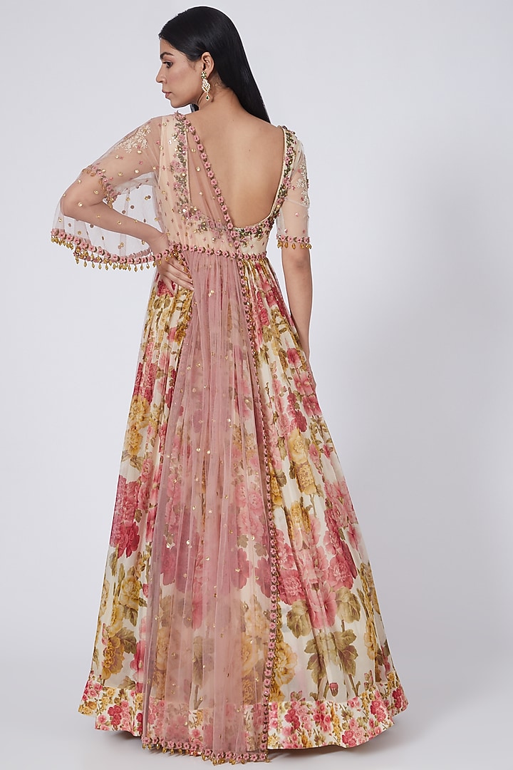 Beige Floral Printed Wedding Anarkali With Attached Dupatta by Abhishek Vermaa at Pernia's Pop Up Shop