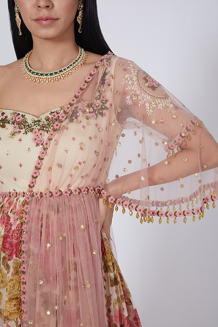 Beige Floral Printed Wedding Anarkali With Attached Dupatta by Abhishek Vermaa at Pernia's Pop Up Shop