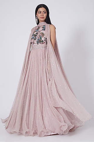 Powder Pink 3D Hand Embroidered Anarkali by Abhishek Vermaa