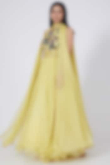 Lemon Yellow 3D Embroidered Bridal Anarkali by Abhishek Vermaa at Pernia's Pop Up Shop
