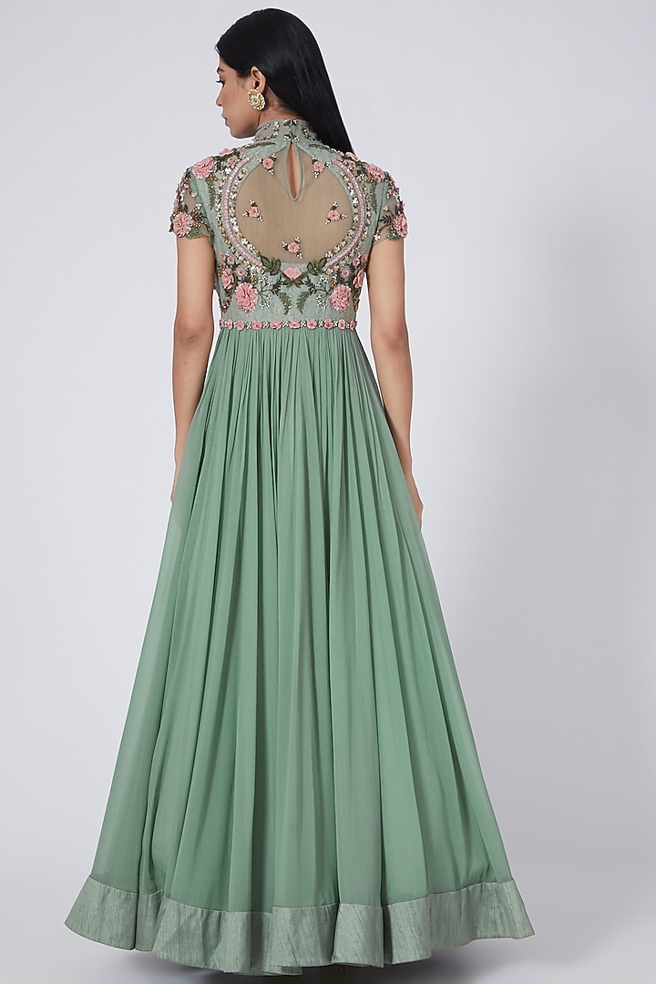 Mint Blue 3D Embroidered Wedding Anarkali Set by Abhishek Vermaa at Pernia's Pop Up Shop
